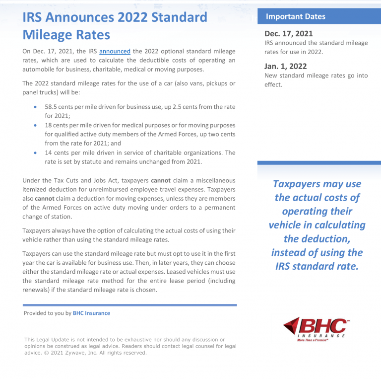 IRS Announces 2022 Standard Mileage Rates